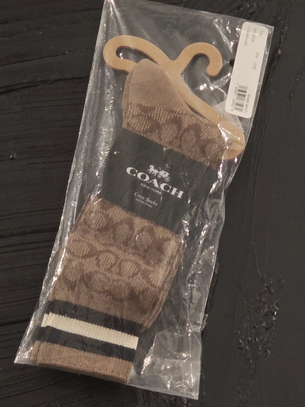 Coach Signature Crew Socks Khaki Brown Monogram Stripe Men’s NWT